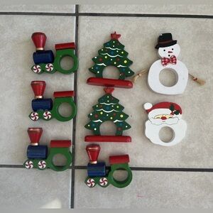 Vintage Wooden Christmas Napkin Rings Wreath Train Tree Santa Lot Bundle
